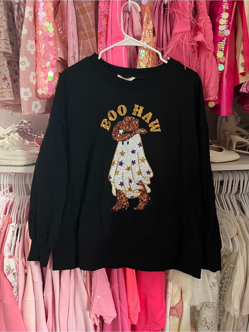 "Boo Haw" Sequin Ghost Sweatshirt - Black